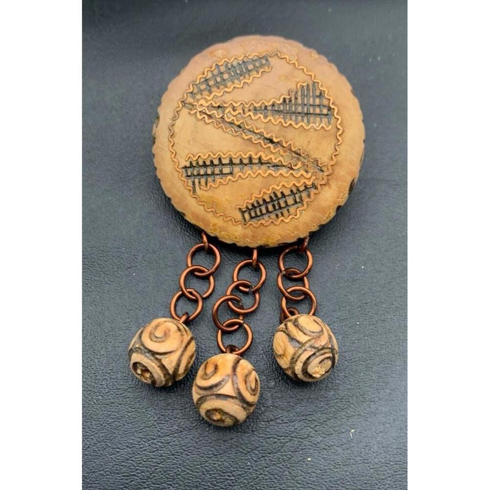 Vintage Handmade Hand Carved Wooden Wood Dangle Brooch Boho Nature